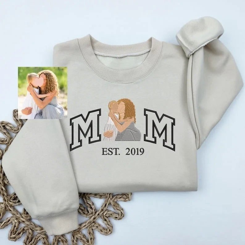 Custom Embroidered Photo Mom and Kids Family Portrait Sweatshirt |  Mother's Day Gifts
