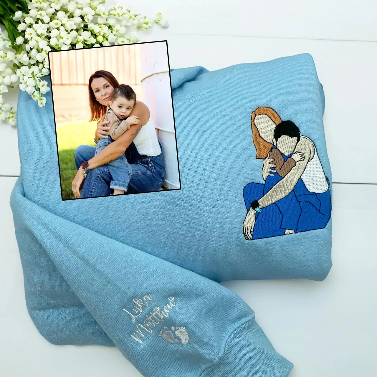 Custom Embroidered Photo Portrait T-shirt Hoodie For Mom - Unique Mother's Day Gift