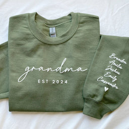Custom Puff Print Sweatshirt Est Year with Kids Names on Sleeve | for Mama and Grandma Gift