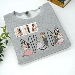 Custom Embroidered Portrait Mum & Kids Letter Design Sweatshirt | Mother's Day Gift