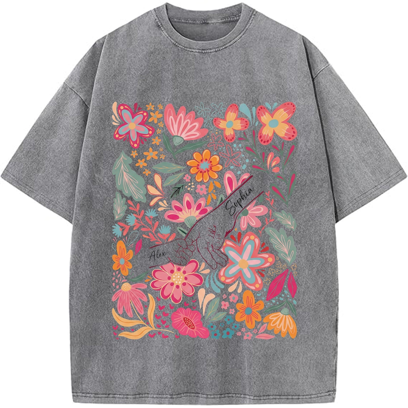 Custom Mom Kids Washed T-shirt – Pinky Promise Floral Design | Personalized Family Love Tee for Mom