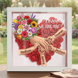 "Mixed Bouquet"-Personalized Mom Holding Hands Flower Shadow Box-Mother's Day Remembrance Frame, In Loving Memory Gift