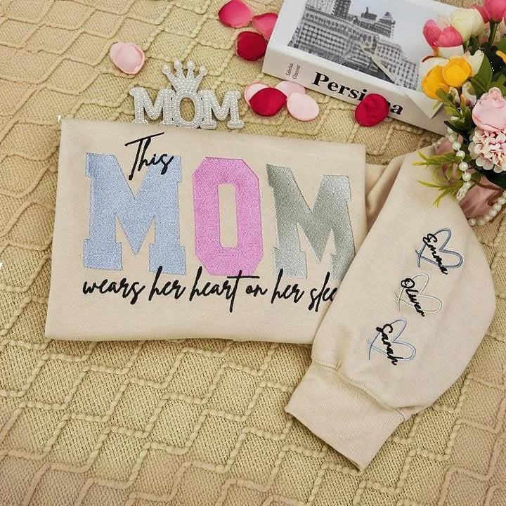 Wears Your Heart on Your Sleeve - Embroidered Mama Sweatshirt with Kids’ Names | Mother's Day Gift for Mom & Grandma