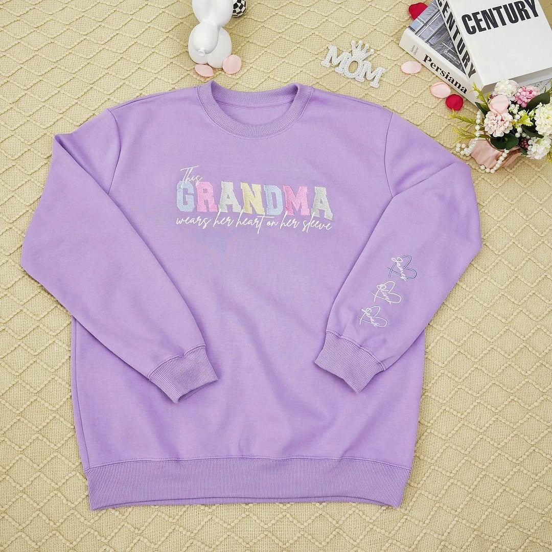 Wears Your Heart on Your Sleeve - Embroidered Mama Sweatshirt with Kids’ Names | Mother's Day Gift for Mom & Grandma