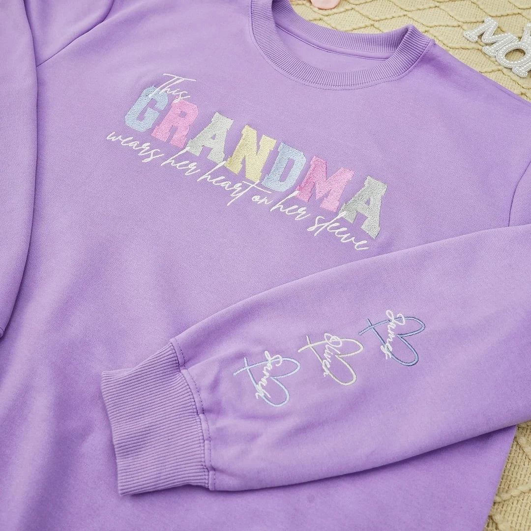 Wears Your Heart on Your Sleeve - Embroidered Mama Sweatshirt with Kids’ Names | Mother's Day Gift for Mom & Grandma