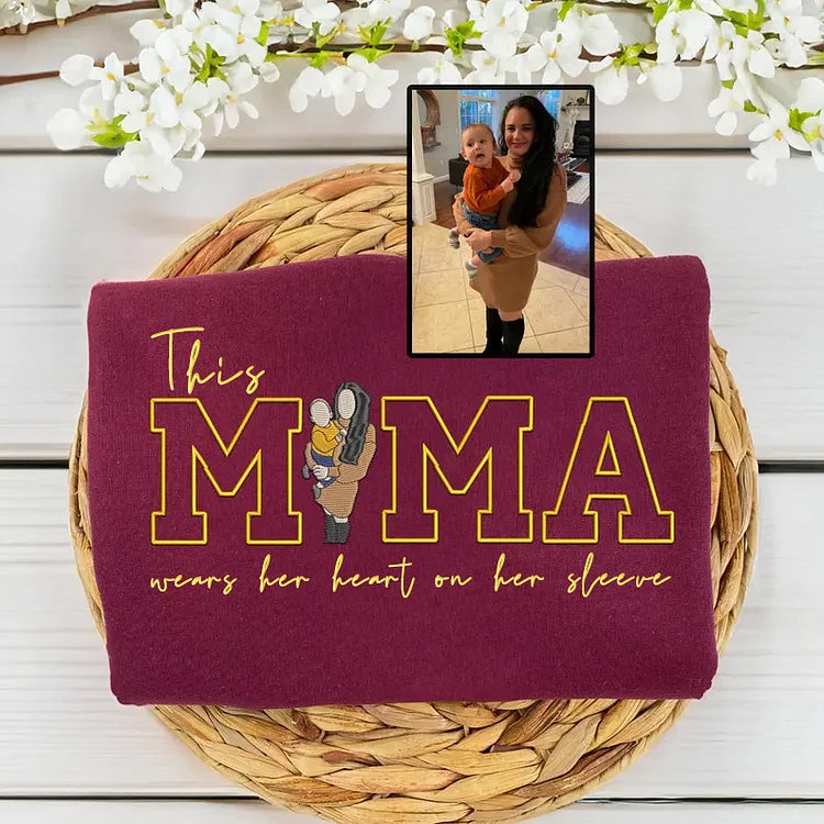 Custom This Mama Wears Her Heart On Her Sleeve Photo Embroidered Sweatshirt, Mother's Day Gift