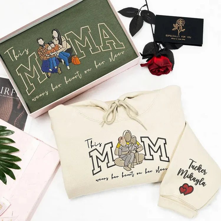 Custom This Mama Wears Her Heart On Her Sleeve Photo Embroidered Sweatshirt, Mother's Day Gift