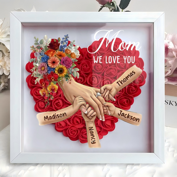 (with Ring & Manicure)Personalized Mommy Holding Hands Shadow Box with Ring & Manicure – Custom Kids Names Floral Heart Frame, Mother’s Day Gift
