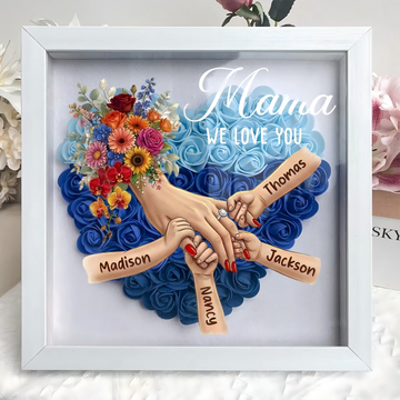 (with Ring & Manicure)Personalized Mommy Holding Hands Shadow Box with Ring & Manicure – Custom Kids Names Floral Heart Frame, Mother’s Day Gift