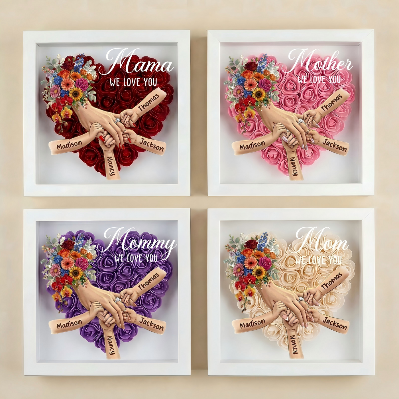 (with Ring & Manicure)Personalized Mommy Holding Hands Shadow Box with Ring & Manicure – Custom Kids Names Floral Heart Frame, Mother’s Day Gift