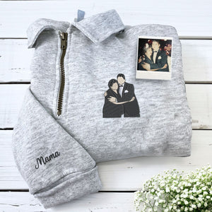 Custom Photo Embroidered Quarter Zip Sweatshirt | Personalized Gift for Mom & Grandma