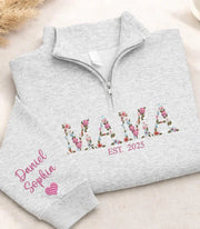 Embroidered Floral Mama Quarter Zip Sweatshirt with Names on Sleeve | Mother's Day Gift