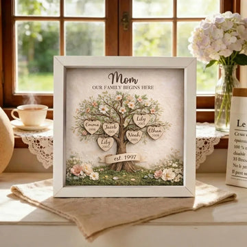 Personalized Mom Family Tree With Kids' Names Birth Years LED Light Shadow Box Wooden Ornament