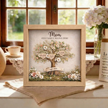 Personalized Mom Family Tree With Kids' Names Birth Years LED Light Shadow Box Wooden Ornament