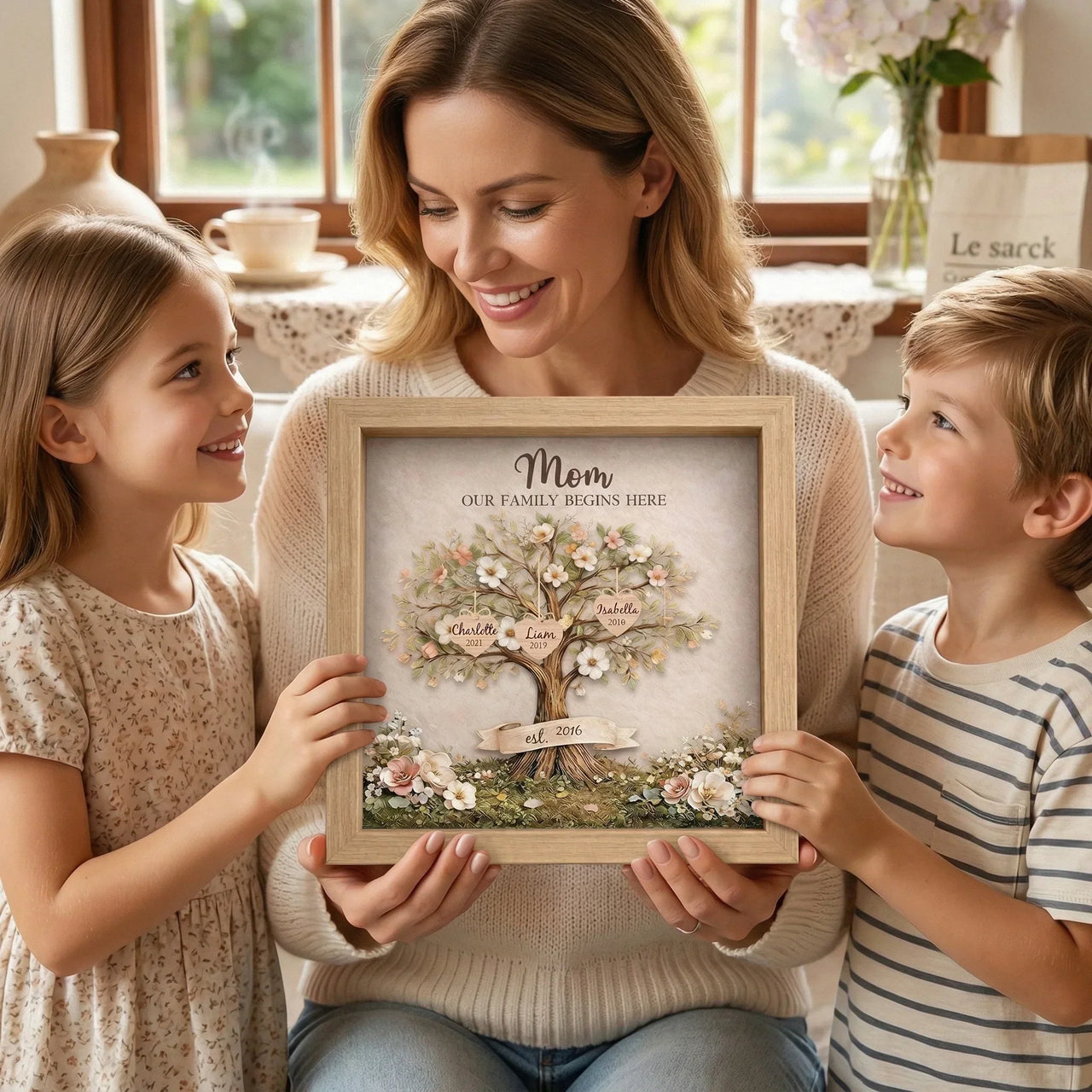 Personalized Mom Family Tree With Kids' Names Birth Years LED Light Shadow Box Wooden Ornament