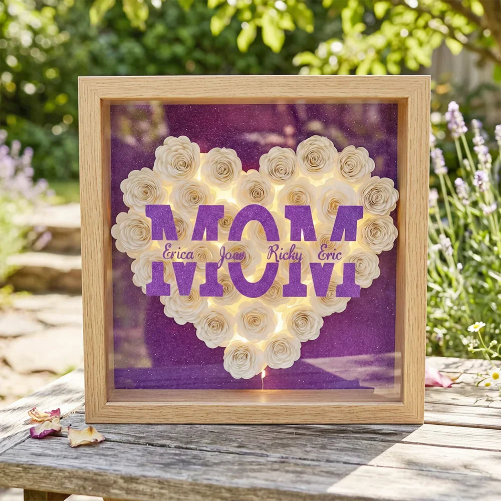 Custom Glitter MOM Nickname Flower Shadow Box With LED Light