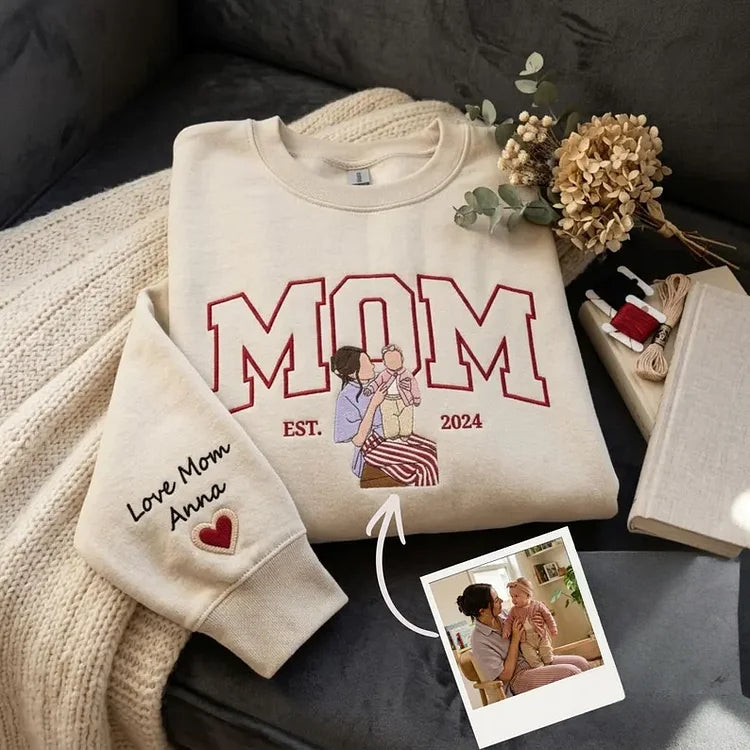 Custom Embroidered Sweatshirt with Mama and Kids Portrait | Mother's Day Gift