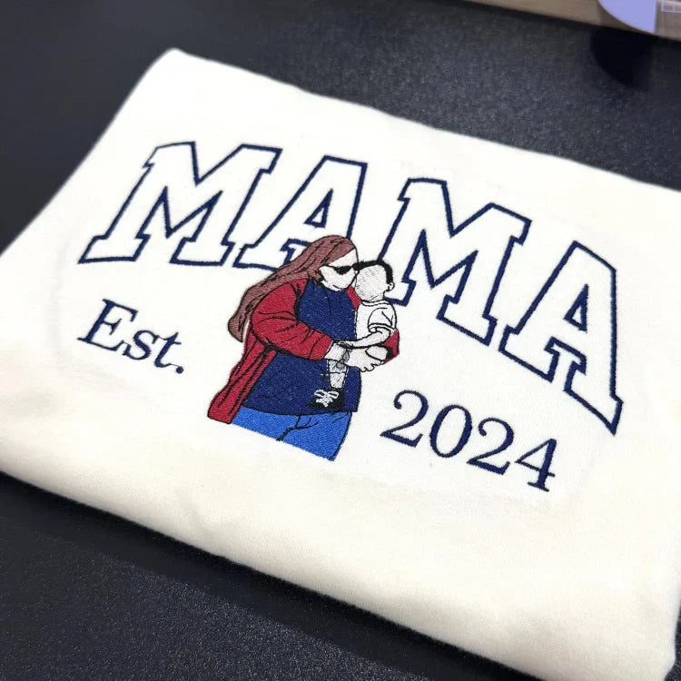 Custom Embroidered Sweatshirt with Mama and Kids Portrait | Mother's Day Gift