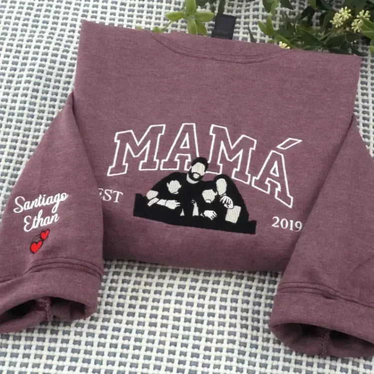 Custom Embroidered Sweatshirt with Mama and Kids Portrait | Mother's Day Gift