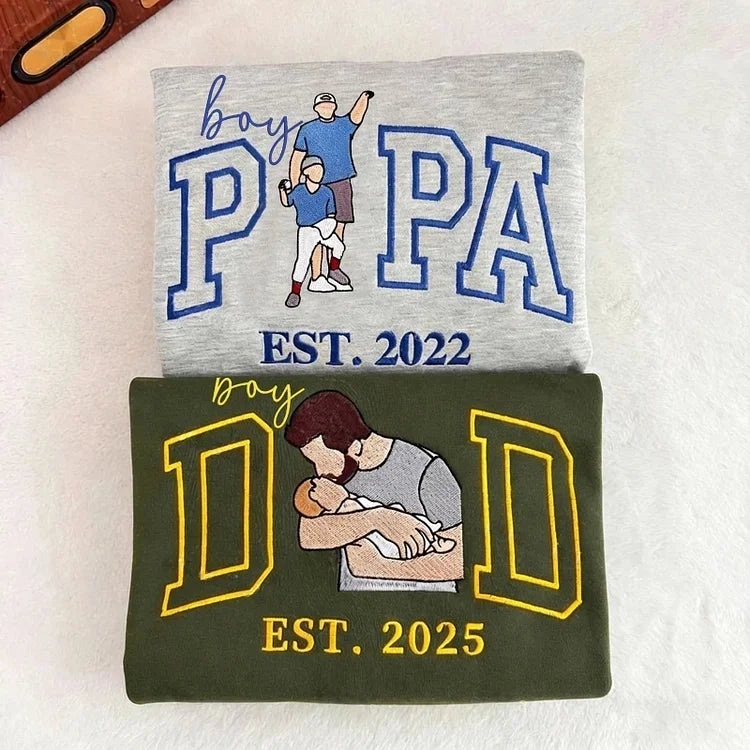 Custom Embroidered Boy Dad Portrait Sweatshirt with Baby Photo - Father's Day Gift