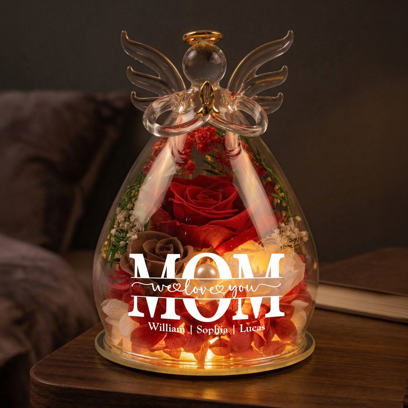Mother’s Day Gifts, Personalized "Mom We Love You" Glass Angel Dome with Preserved Roses & LED Light – Eternal Love Gift