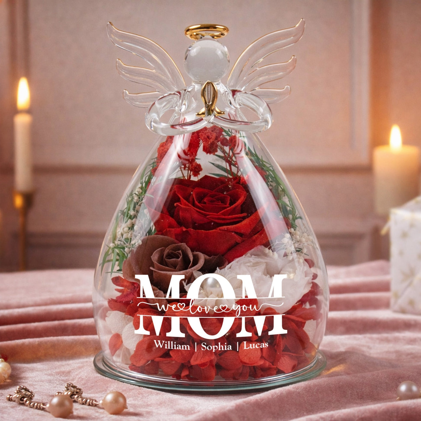 Mother’s Day Gifts, Personalized "Mom We Love You" Glass Angel Dome with Preserved Roses & LED Light – Eternal Love Gift