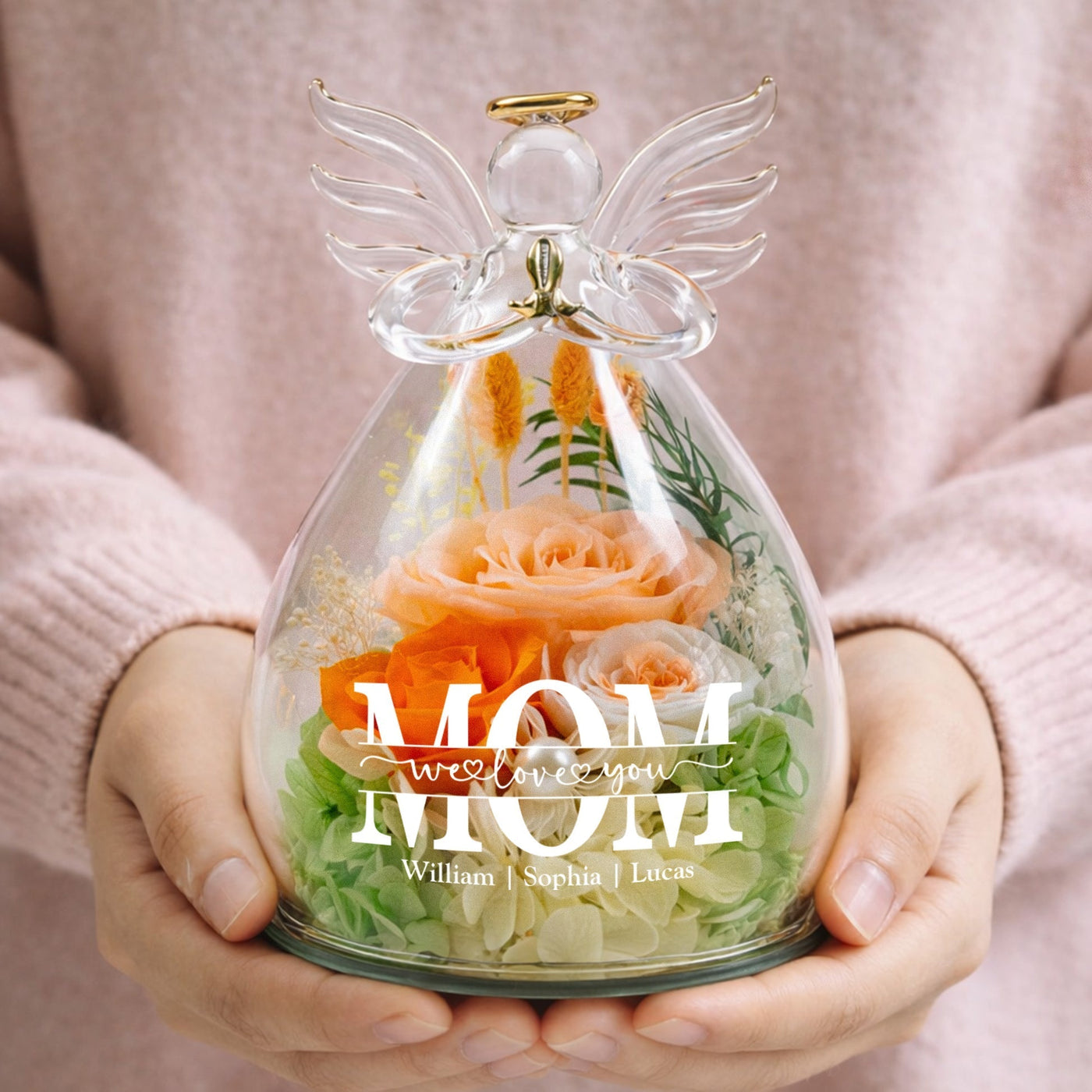 Mother’s Day Gifts, Personalized "Mom We Love You" Glass Angel Dome with Preserved Roses & LED Light – Eternal Love Gift