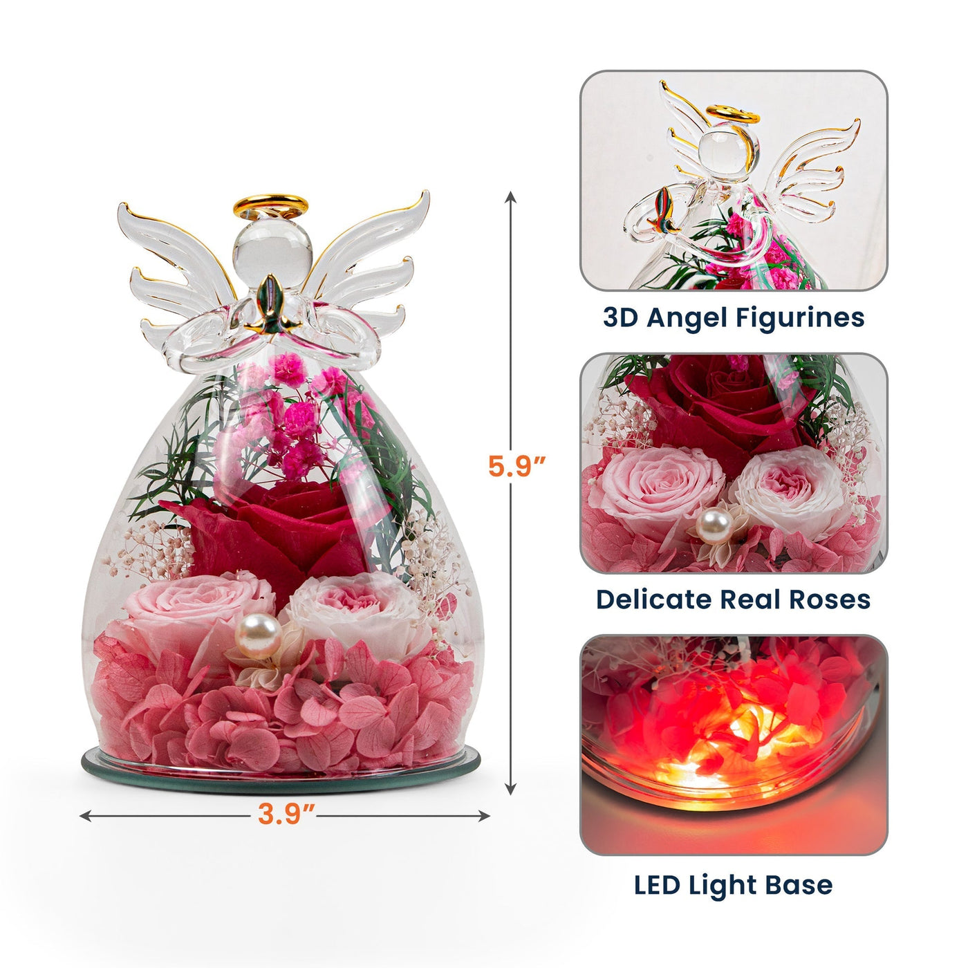Mother’s Day Gifts, Personalized "Mom We Love You" Glass Angel Dome with Preserved Roses & LED Light – Eternal Love Gift