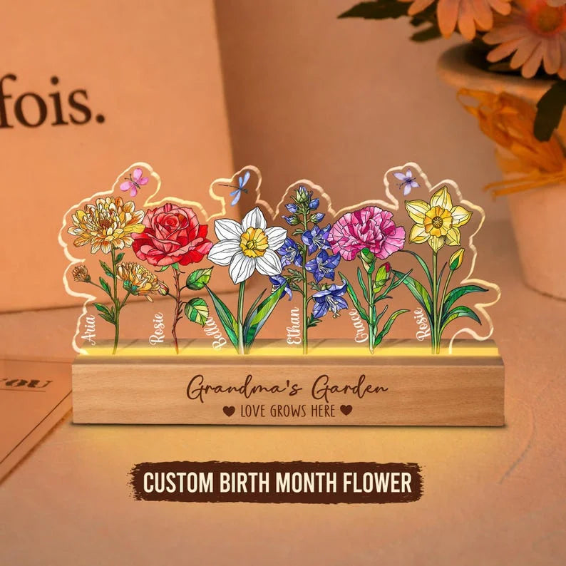 Personalized Grandma's Garden LED Night Light - Custom Birth Month Flowers & Names - Unique Gift for Mom, Nana & Grandma