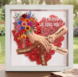 Personalized Mommy Holding Hands Shadow Box – Custom Mixed Skin Tone Hands & Kids Names Floral Heart Frame | Mother’s Day Gift