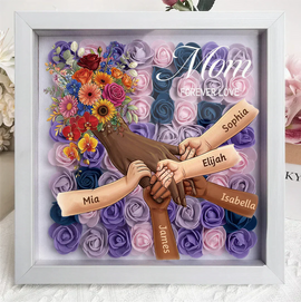 Personalized Mommy Holding Hands Shadow Box – Custom Mixed Skin Tone Hands & Kids Names Floral Heart Frame | Mother’s Day Gift