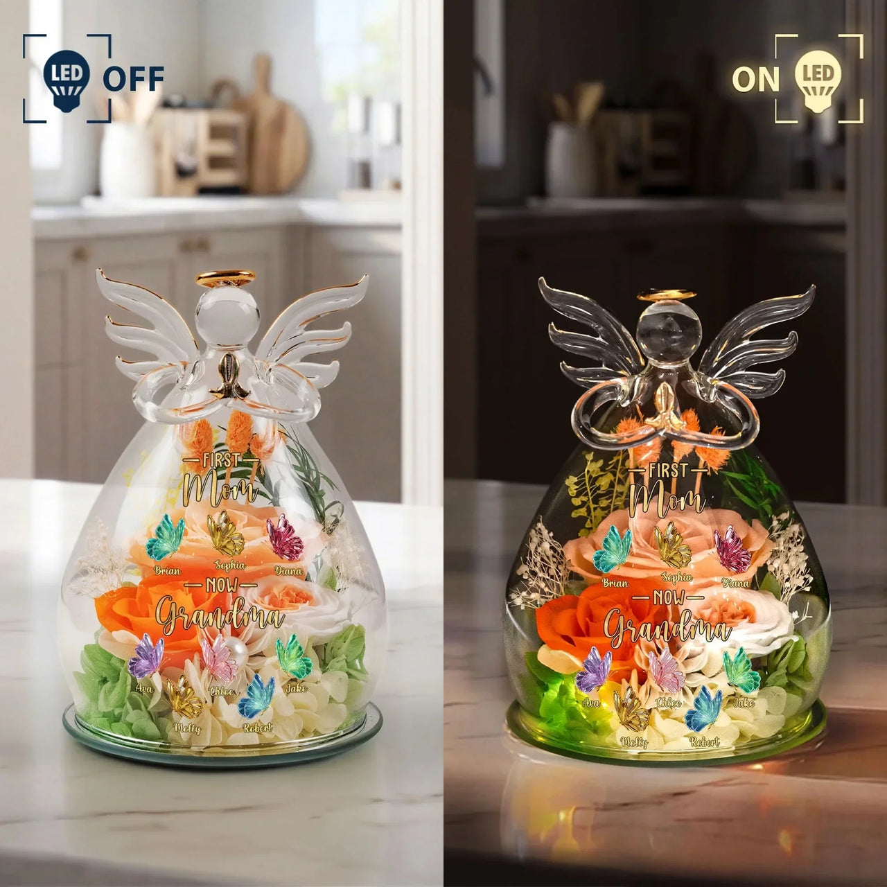 Personalized "First Mom, Now Grandma" Angel Figurine with Preserved Roses & LED Light – Custom Mother's Gift