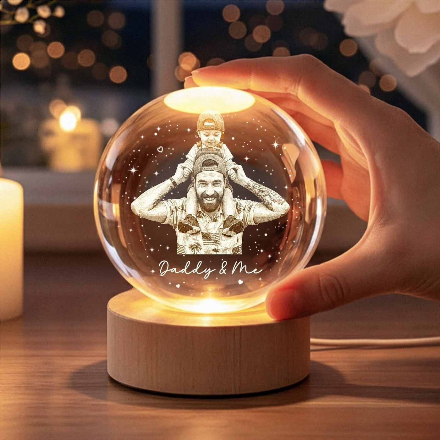 Personalized Crystal Ball Night Light - Custom Photo Gift for Dad, Father's Day Gift