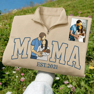 Custom Embroidered Quarter Zip Sweatshirt with Mama and Kids Portrait | Mother's Day Gift