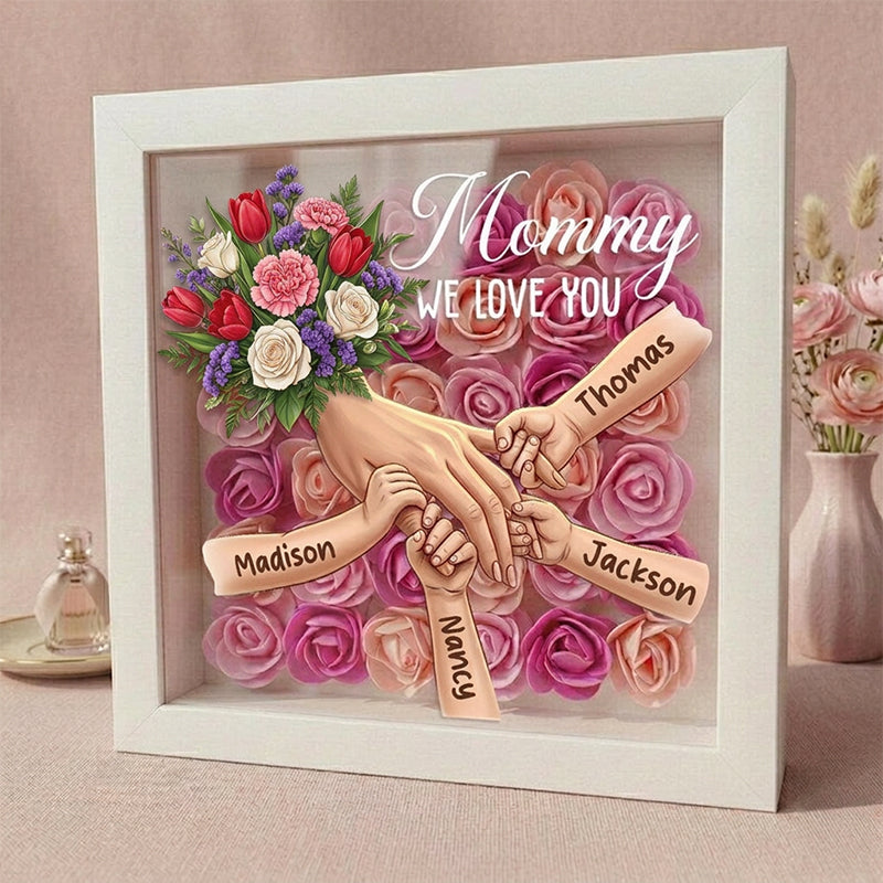 "Tulips, White Roses, and Carnations"-Personalized Mom Holding Hands Flower Shadow Box-Mother's Day Remembrance Frame, In Loving Memory Gift