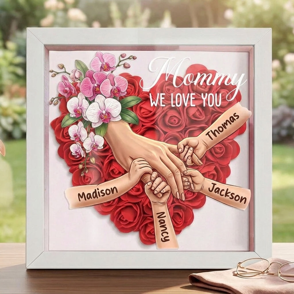 "orchid"-Personalized Mom Holding Hands Flower Shadow Box-Mother's Day Remembrance Frame