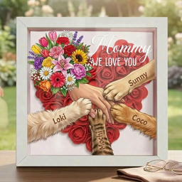 "Mixed Bouquet"-Personalized Pet Paw & Human Hand Holding Shadow Box-Mother's Day Remembrance Frame, In Loving Memory Gift