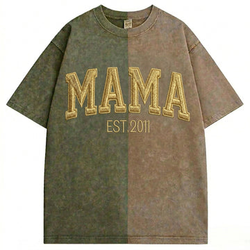 Custom Washed Patchwork MOM Embroidered T-shirt Mothers Day Gift for Mama