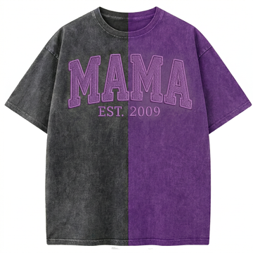 Custom Washed Patchwork MOM Embroidered T-shirt Mothers Day Gift for Mama