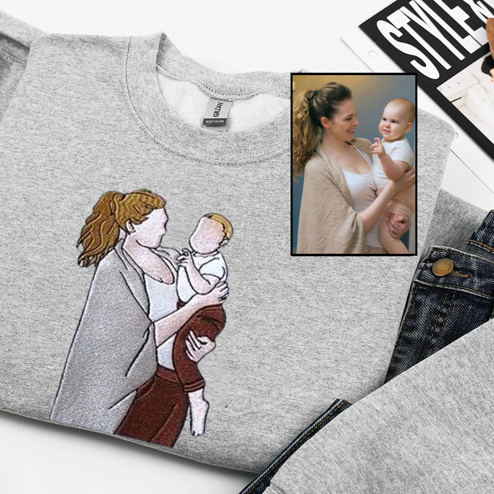 Custom Embroidered Photo Portrait T-shirt Hoodie For Mom - Unique Mother's Day Gift