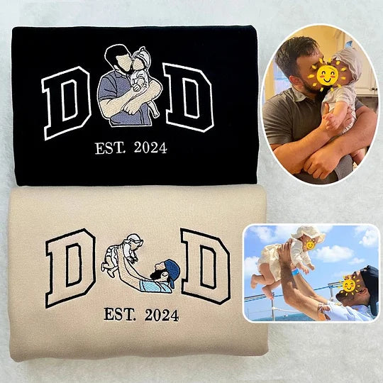 A Papa T-shirt with a photo and a sweatshirt separately embroidered with the portraits of the father and the child