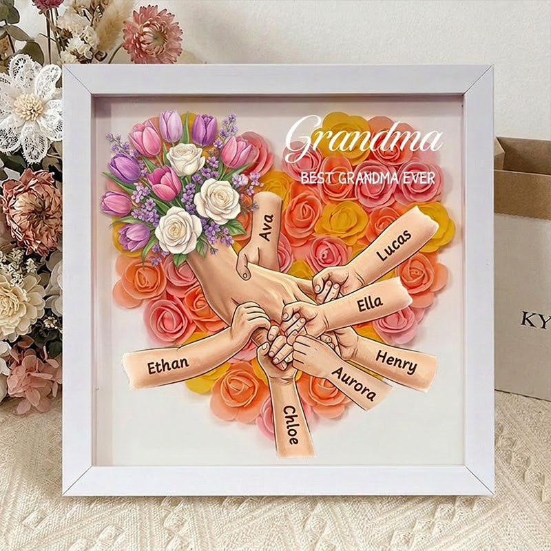 "Tulips & White Roses"-Personalized Mom Holding Hands Flower Shadow Box-Mother's Day Remembrance Frame, In Loving Memory Gift