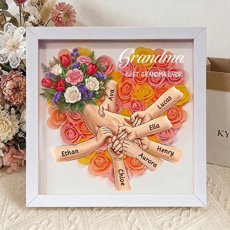 "Tulips, White Roses, and Carnations"-Personalized Mom Holding Hands Flower Shadow Box-Mother's Day Remembrance Frame, In Loving Memory Gift