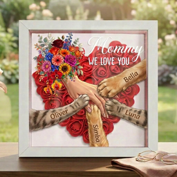 Personalized Pet Paw & Human Hand Holding Shadow Box-Mother's Day Flower Frame