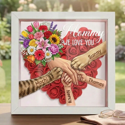 "Mixed Bouquet"-Personalized Pet Paw & Human Hand Holding Shadow Box-Mother's Day Remembrance Frame, In Loving Memory Gift