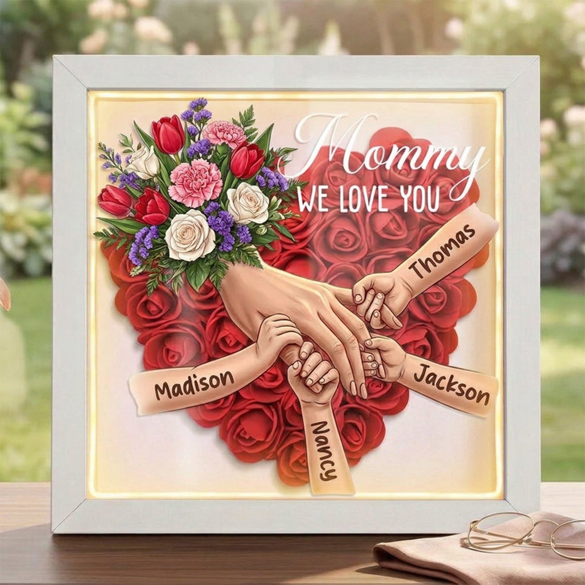 "Tulips, White Roses, and Carnations"-Personalized Mom Holding Hands Flower Shadow Box-Mother's Day Remembrance Frame, In Loving Memory Gift
