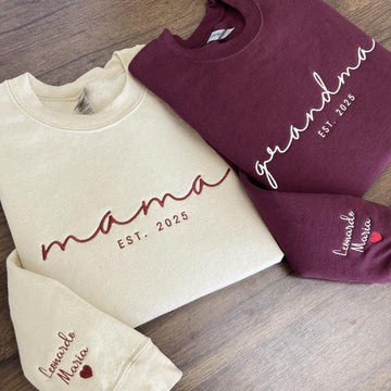 Custom Embroidered Mama Est Year Sweatshirt | Name On Sleeve With Heart, Grandma Shirt With Date | Gift For New Mom, Mothers Day Gift