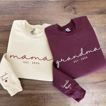 Custom Embroidered Mama Est Year Sweatshirt | Name On Sleeve With Heart, Grandma Shirt With Date | Gift For New Mom, Mothers Day Gift