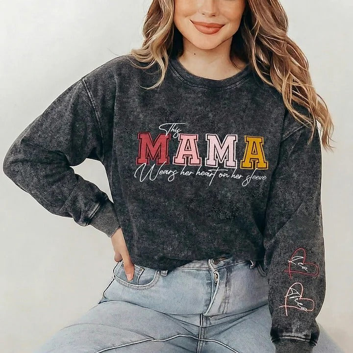 Custom Embroidered Heart on Sleeve Personalized Mommy/Grandma Washed Sweatshirt | Mother's Day Gift for Mom & Grandma