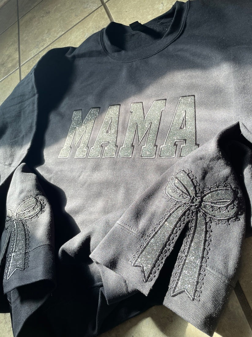 Custom Glitter Embroidered Lace Side Bow Mama Sweatshirt | Mother's Day Gifts